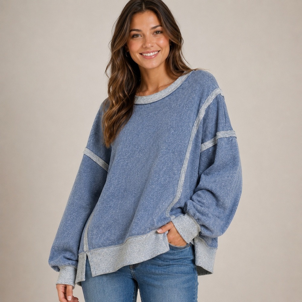 Zenana Blue Heathered Exposed Seam Sweatshirt oversized Plus Size 1X 2X